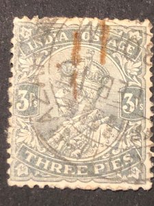 India postage three pies, stamp mix good perf. Nice colour used stamp hs:1