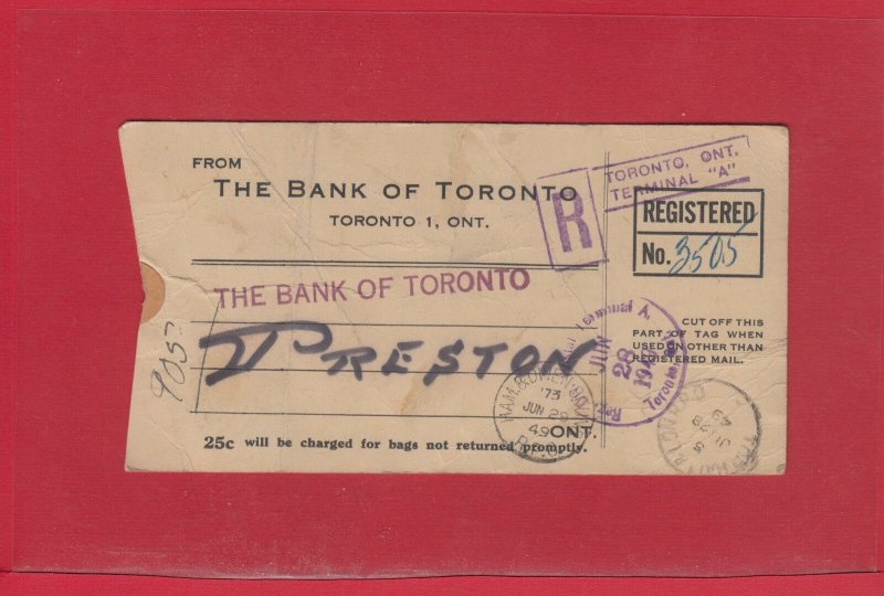 10x $1.00 Ferry + meter on RPO BANK Money Tag Registered Canada cover