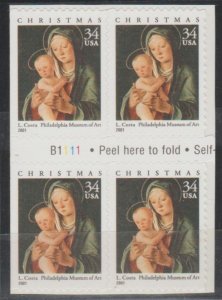 3536, BLK of 4, W/PL# B1111,  Madonna & Child, MNH. .34cent