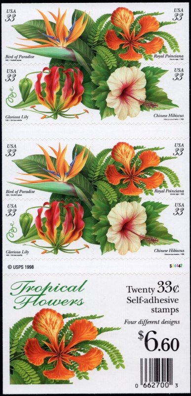 Scott #3313b Tropical Flowers Booklet of 20 Stamps - Sealed P#56544