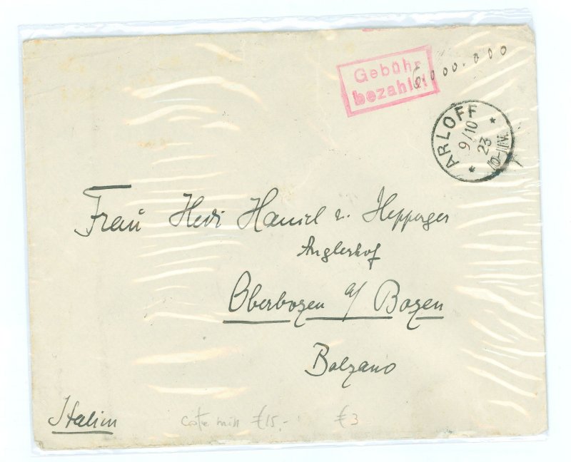 Germany  Inflation:  October 9, 1923 Gebuhr Bezault fee paid cover (without postage stamps) 20 grams International letter rate