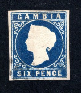 Gambia  SC# 2a  VF, Used, Deep Blue, 6p Queen Victoria, CV $240.00  .... 2280002