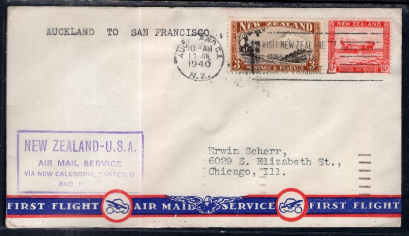 New Zealand Aukland to San Francisco,CA 1940 First Flight Cover