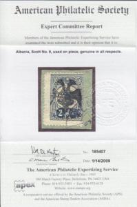 Albania Mi 8 used 1913 2pi on small piece, Cert