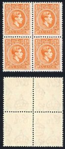 Jamaica SG121b 1/2d Orange A BLOCK of FOUR U/M