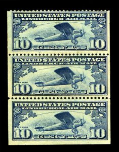 United States, Air Post #C10a Cat$70, 1927 10c Lindbergh, booklet pane of thr...