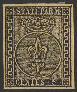 ITALY - PARMA 1852 Arms 5c black on yellow. Sass 1 cat €350.