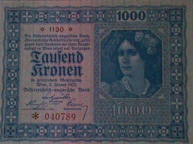 AUSTRIA-AUSTRIAN GOVERNMENT FIRST $1000 KRONEN-UN-CIRCULATED-102 YEARS OLD