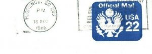 US POSTAL HISTORY OFFICIAL MAIL COVER #UO74 FLORENCE TO AIR FORCE HQ DENVER 1986