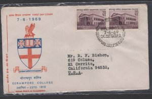 India #494 pair  (1969  Serampore College issue) addressed FDC