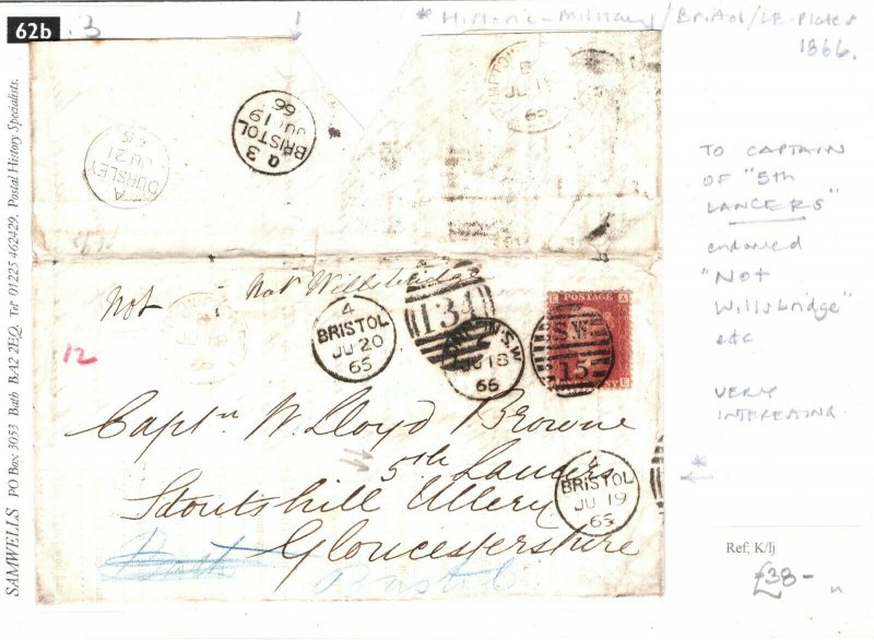 GB Cover Addressed CAPTAIN 5th LANCERS Military Endorsed *Not Willsbridge* 62b.3