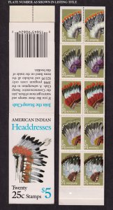 1990 BK179 Indian Headdresses 25c (2 panes Sc 2505a) booklet plate number 1