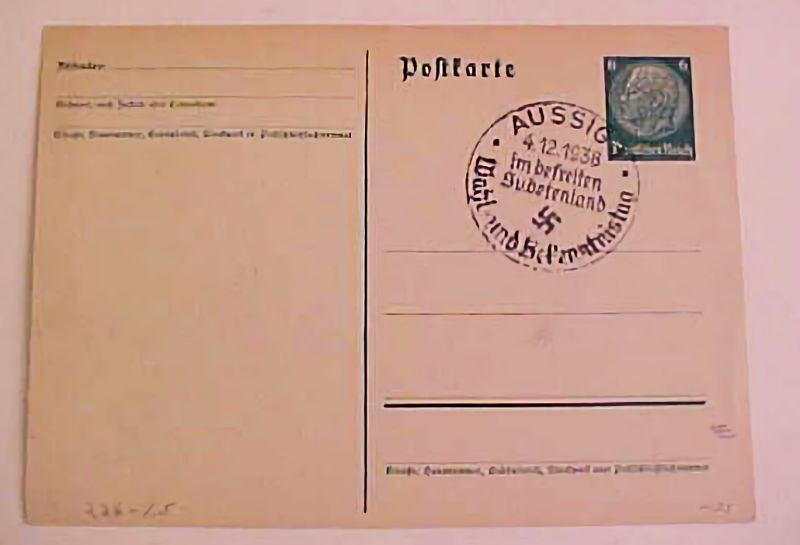 GERMAN  SUDETENLAND 4-12-38 AUSSIG  on CARD UNADDRESSED