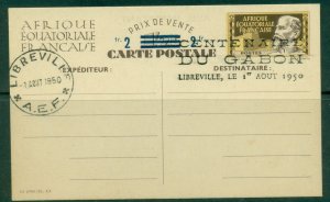 French Equatorial Africa 1950 Centenary of Gabon, surcharged postal card  CTO