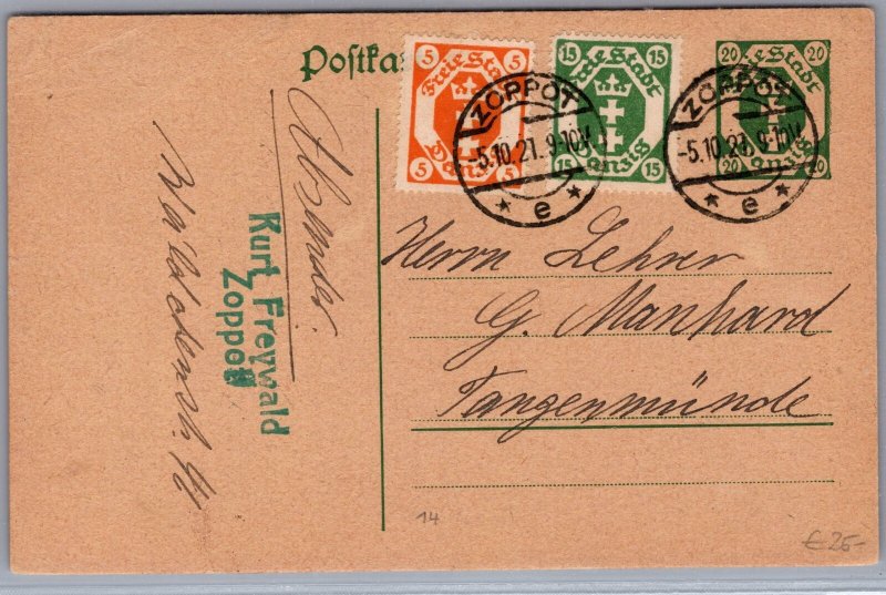 1921 Germany Danzig Zoppot Local Postcard Cover To Tangermunde