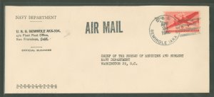 US  Ships - Official Navy Dept. penalty envelope 24 Apr 1946 sent from the USS Seminole AKA 104 franked with airmail and added 