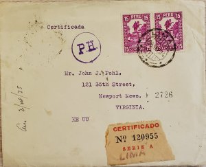 O) 1934 PERU, P.H.CERTIFICATE SERIE A LIMA,  MONUMENT TO SIMÓN BOLÍVAR, TO USA