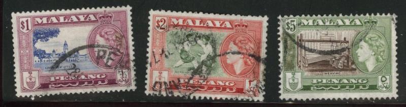 MALAYA Penang Scott 53-55 used 1957 QE2 CV$27 tape stains