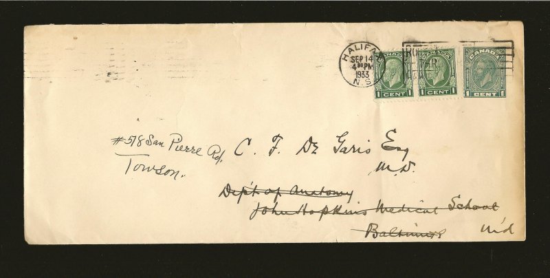 Canada U46a  + 2x195 on Postmarked Halifax NS 1933 Pre- Stamped Cover Used