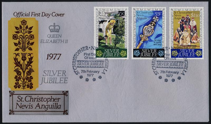 St Chrisopher Nevis & Anguilla 332-4 on FDC - Queen Elizabeth Silver Jubilee