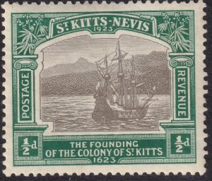 Sc# 52 St. Kitts-Nevis 1923 Caravel in Old Road Bay MLMH ½ pence CV $2.50