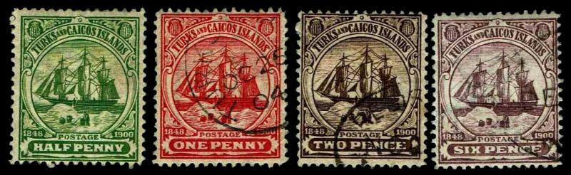 1900-04 Turks & Caicos Islands #1-3 & 6 - Mostly Used - VF - CV$12.75 (ESP#3352)