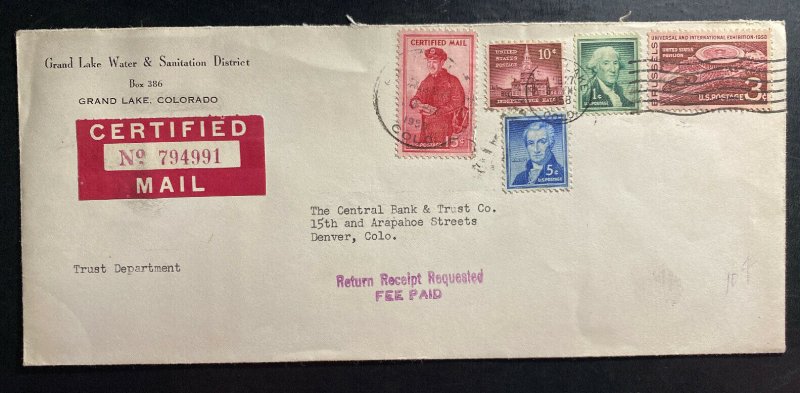 1958 Grand Lake CO USA Sanitation District Certified Mail Cover To Denver Co