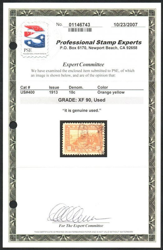USA #400 XF, w/PSE (GRADED 90 (10/07)) CERT, town cancel, vibrant color, SELECT!