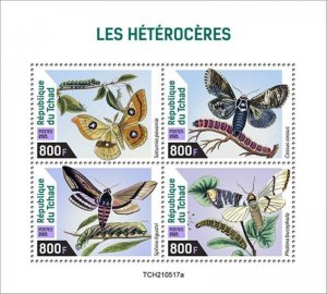 Chad - 2021 Moths, Small Emperor, Goat, Buff-tip - 4 Stamp Sheet - TCH210517a 