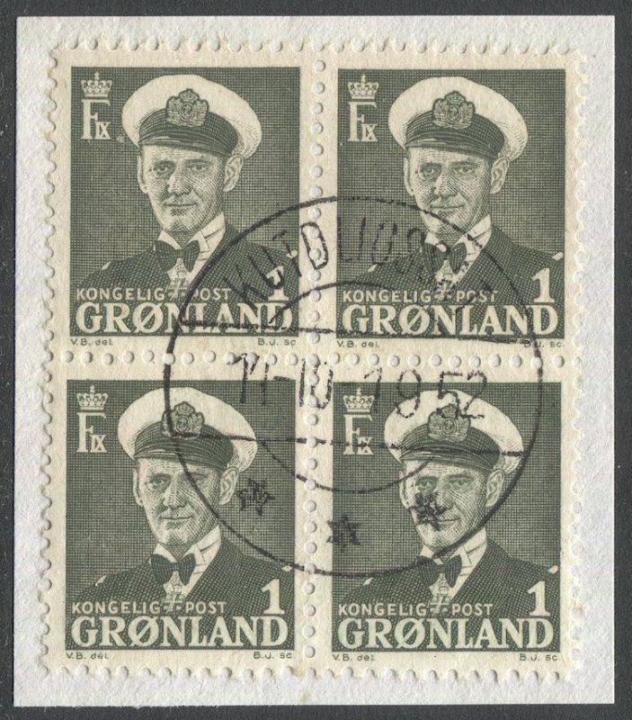 GREENLAND 1950 Sc 28 Used Block on piece, F-VF, Kutdligssat, Disko Island