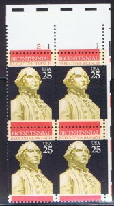 1989 Executive Branch Plate Block of 4 25c Postage Stamps, Sc# 2414, MNH, OG