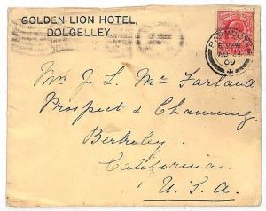 KK73 GB WALES TRANSATLANTIC MAIL 1909 *Golden Lion Hotel Dolgelley*Barmouth USA 