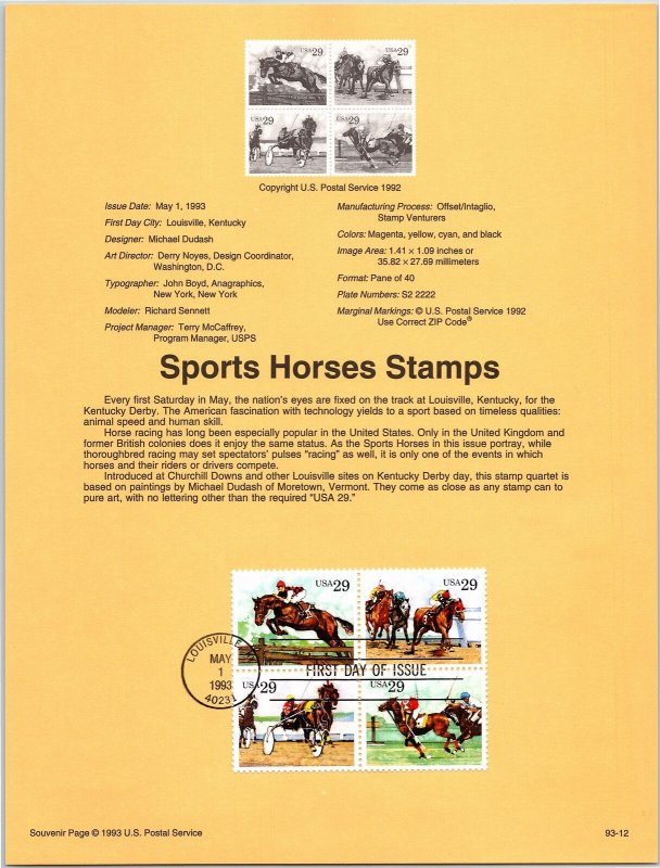 USPS SOUVENIR PAGE SPORTS HORSES SETENANT SET OF (4) 1993