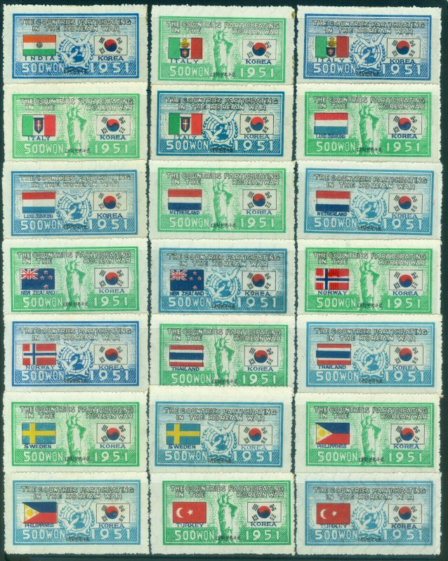 South KOREA 1951 Korean War FLAGS complete set w/both ITALYs Sc# 132-173 MLH