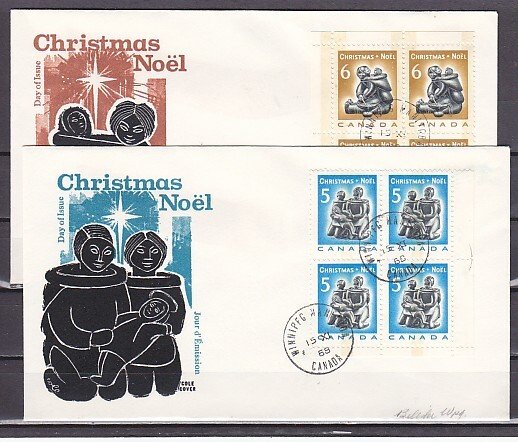 Canada, Scott cat. 488-489. Christmas issue. Blocks of 4. First day covers. ^