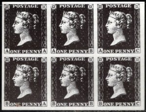 Vintage Great Britain Poster Stamp One Penny Black Facsimile Block of 6 MNH