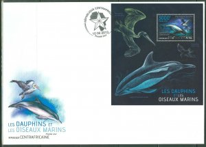 CENTRAL AFRICA  2013 DOLPHINS & MARINE BIRDS  SOUVENIR SHEET FIRST DAY COVER