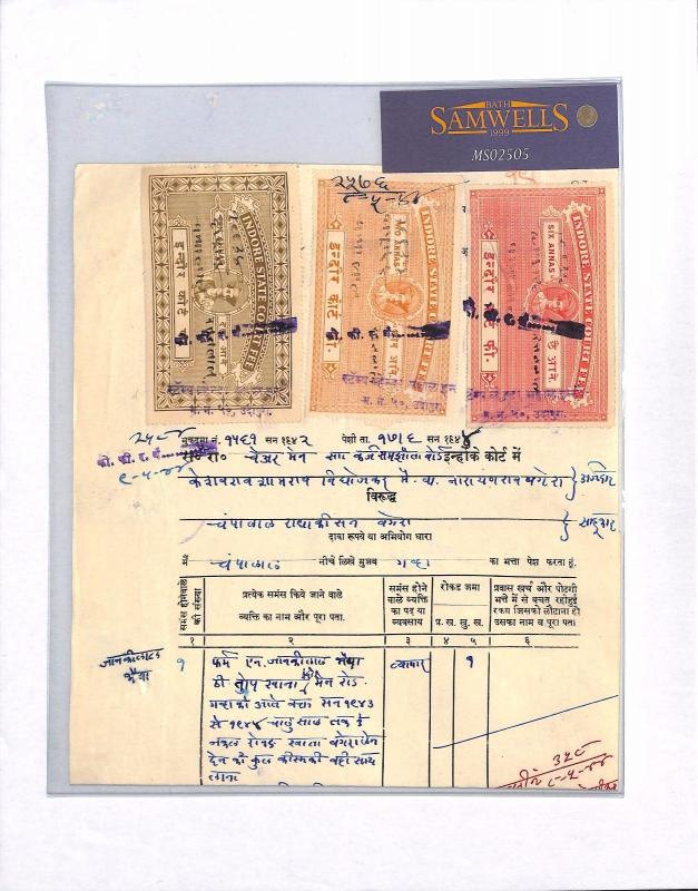 MS2505 INDIAN STATES Indore REVENUES Court Fee Document THREE COLOUR FRANKING