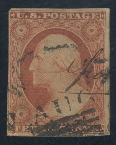 USA 10a - 3 cent Type II - F/VF App used recut at top - Cat $150.00 creased