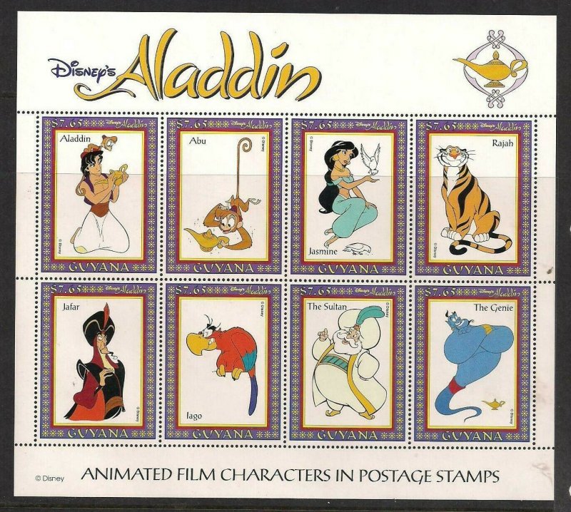 1994 Walt Disney Granada Guyana-Aladdin $7.65 Sheetlet de 8 sellos 