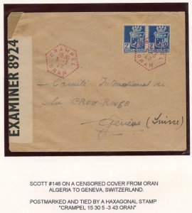 ALGERIA 1943 COVER ORAN TO GENEVA SWITZERLAND FRANKED WITH SCOTT #146 CENSORED