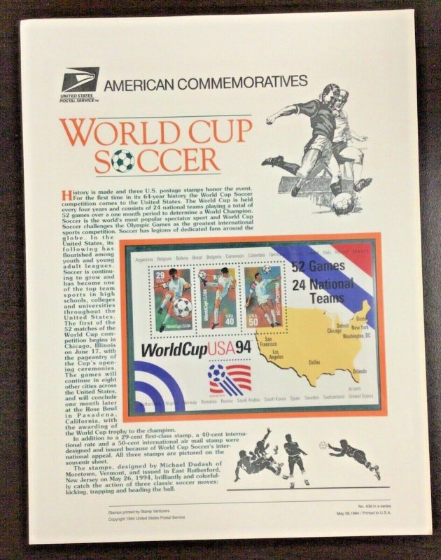 Commemorative Panel #439  World Cup Soccer ‘94 2834-36   29, 40 and 50 c 1994