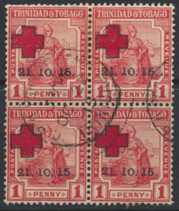 Trinidad & Tobago Opt Red Cross 1915 SG 174 Used Block SC# B2 -see details/scans