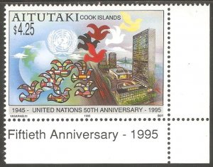 AITUTAKI Sc# 512 MNH FVF U.N. 50th Anniv. Globe Flags Birds Buildings