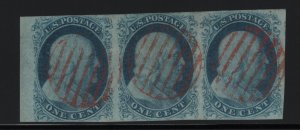 7 Strip of 3 VF+ used neat red grid cancels with nice color  ! see pic !