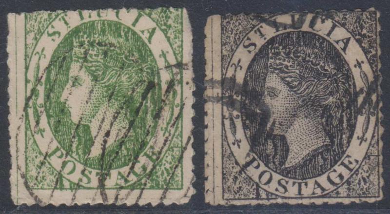 BC SAINT LUCIA 1860-64 QV Sc 3 & 7 UNWATERMARKED FORGERIES MUTE CANCELS (CV$239)