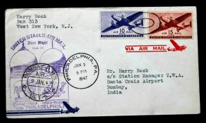 US C27,C28 1st FLIGHT COVER PHILADELPHIA TO  BOMBAY INDIA 1947  FAM 27