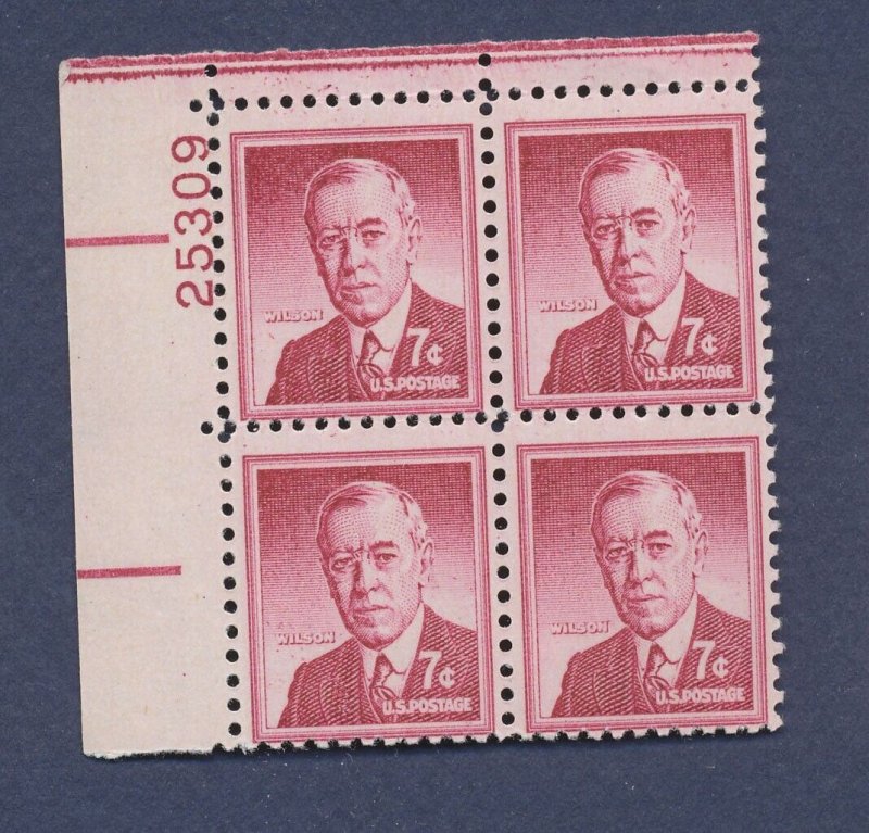 USA - Scott 1040 - MNH - UL plate block 25309 - 7 cents Woodrow Wilson --b