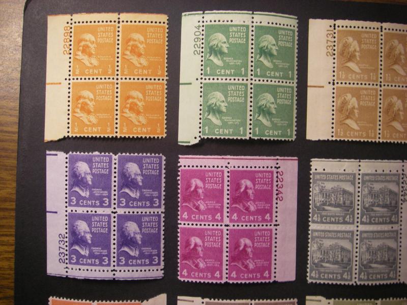 Scott 803 - 814, .5 - 9 cent Prexie Plate Blocks of 4, MNH Beauties, CV $19.80