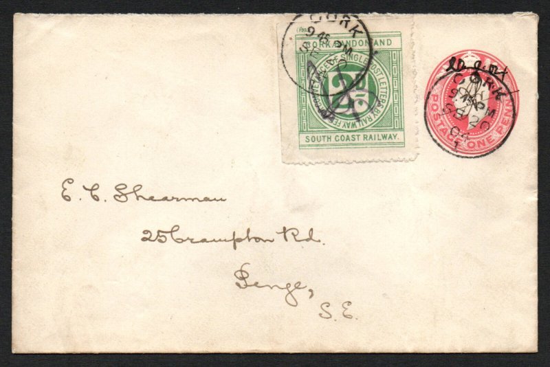 Railways, Cork, Bandon & South Coast 2d bluish green + Edward VII 1d rose-red